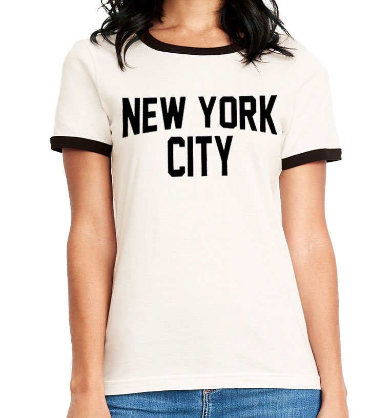 New York City Ringer Tee For Ladies (Distressed Print, White/Black)