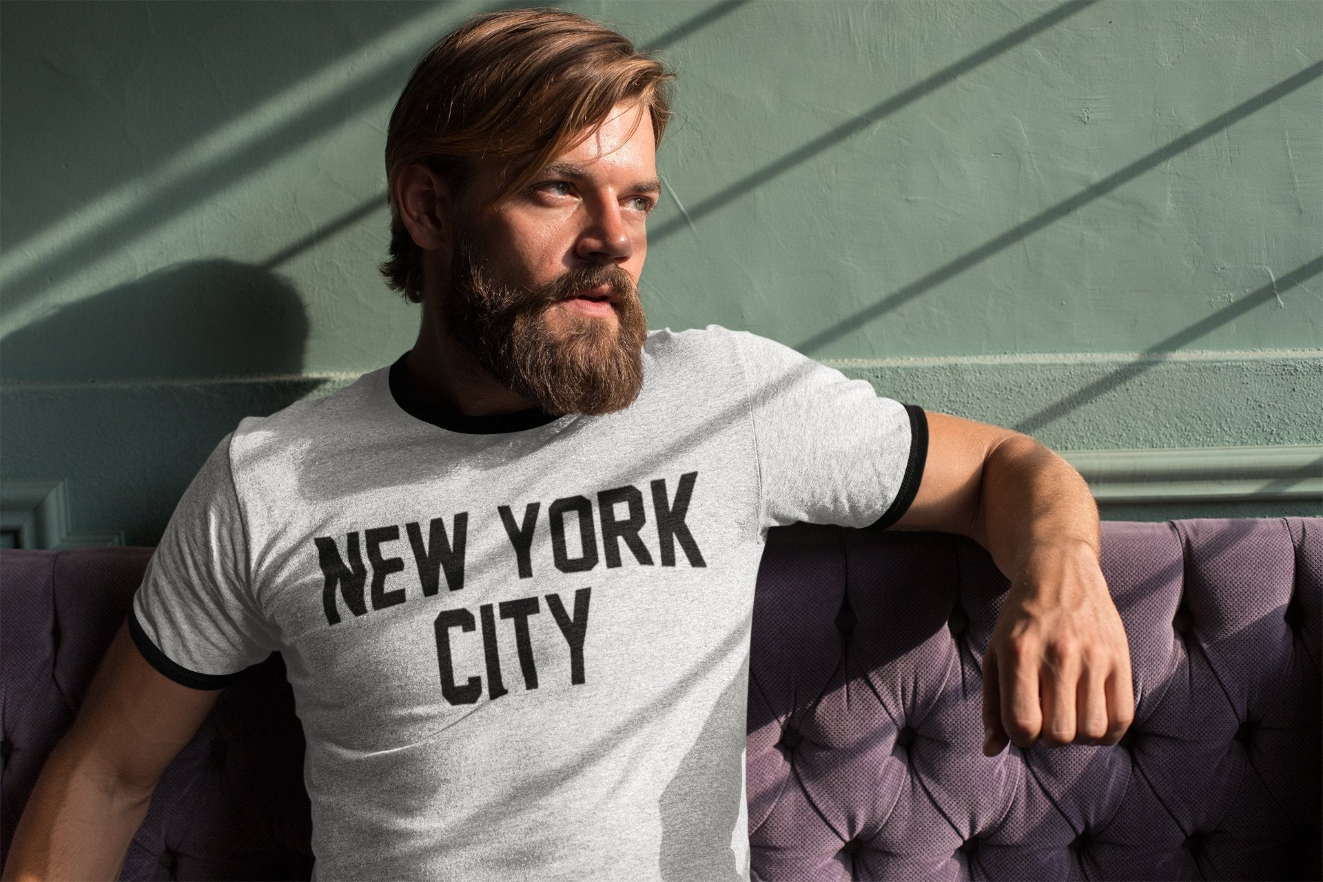 New York City Ringer Tee Men's (Regular Print, Heather Gray / Black)