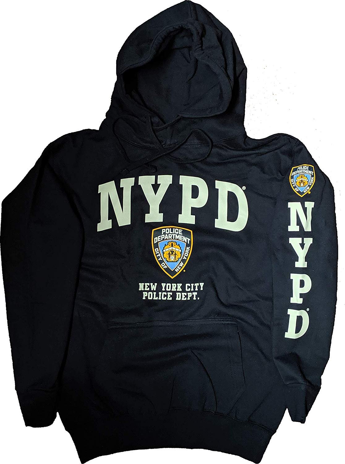 Official NYPD Hoodie: Bold Chest & Sleeve Print (Navy & White)