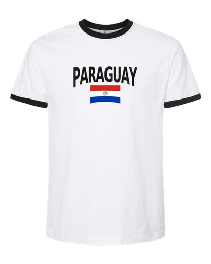 Paraguay Soccer Ringer Tee 2026 — Classic Name & Flag | NYC Factory - White/Black