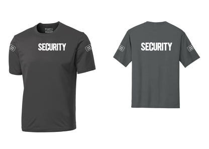 NYC Factory Men's Custom Logo Security Performance T-Shirt - Front + Back + Your Logo Sleeves - Charcoal