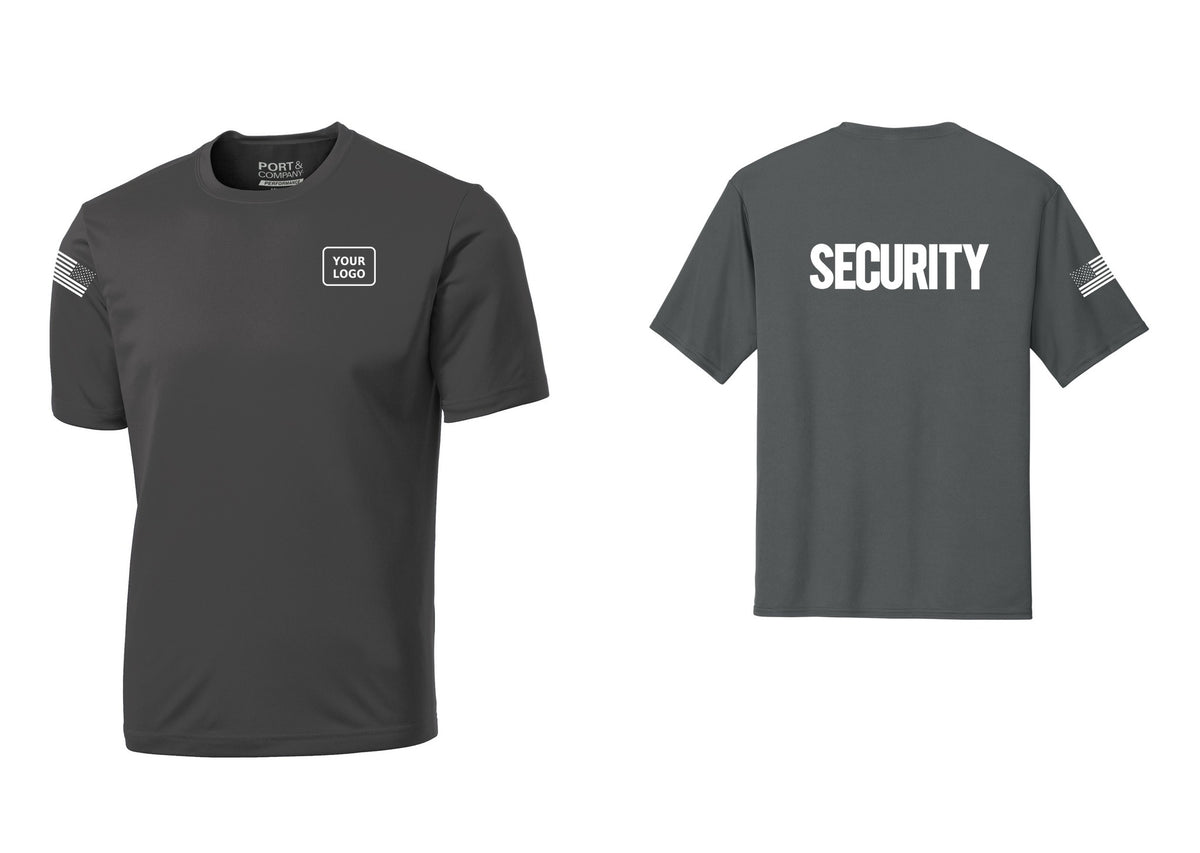 NYC Factory Men's Custom Logo Security Performance T-Shirt - Your Logo + Back + US Flag Sleeve - Charcoal