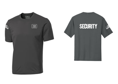 NYC Factory Men's Custom Logo Security Performance T-Shirt - Your Logo + Back + US Flag Sleeve - Charcoal