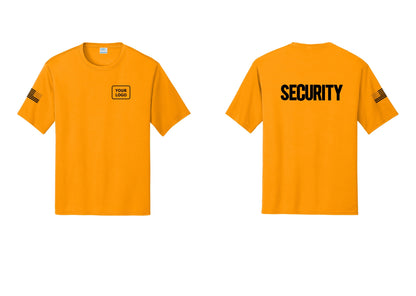 NYC Factory Men's Custom Logo Security Performance T-Shirt - Your Logo + Back + US Flag Sleeve - Gold