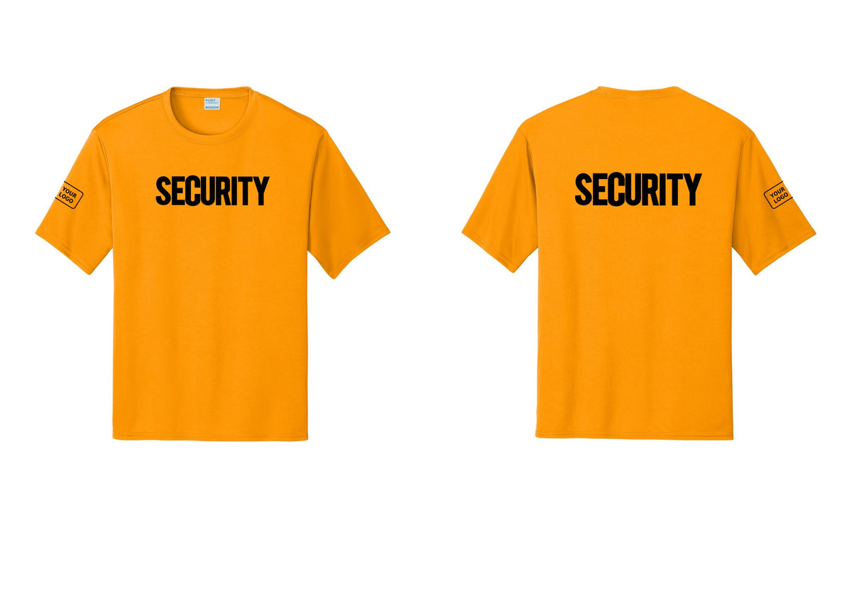 NYC Factory Men's Custom Logo Security Performance T-Shirt - Front + Back + Your Logo Sleeve - Gold