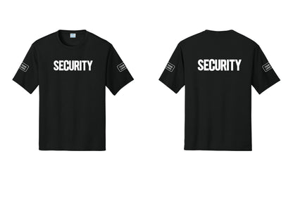 NYC Factory Men's Custom Logo Security Performance T-Shirt - Front + Back + Your Logo Sleeves - Black