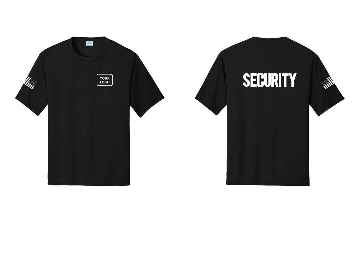 NYC Factory Men's Custom Logo Security Performance T-Shirt - Your Logo + Back + US Flag Sleeve - Black