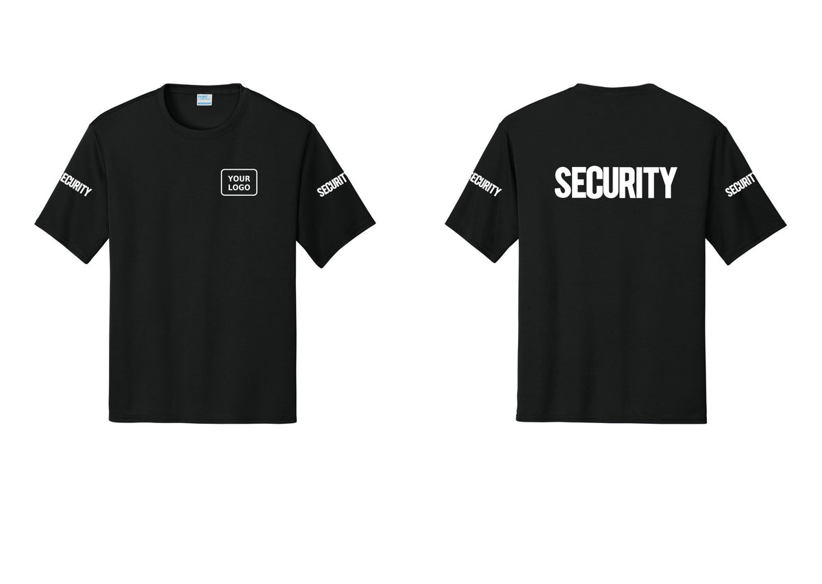 NYC Factory Men's Custom Logo Security Performance T-Shirt - Your Logo + Back + Security Sleeves - Black