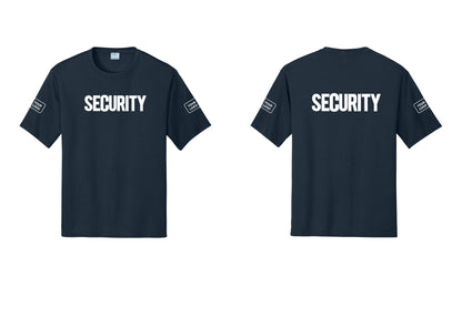 NYC Factory Men's Custom Logo Security Performance T-Shirt - Front + Back + Your Logo Sleeves - Navy