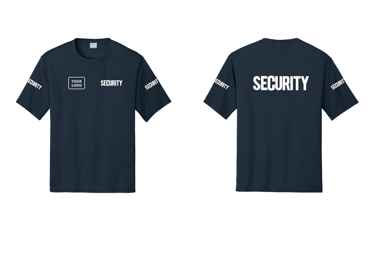 NYC Factory Men's Custom Logo Security Performance T-Shirt - SECURITY + Your Logo + Back + Security Sleeves - Navy