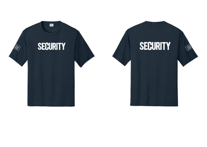 NYC Factory Men's Custom Logo Security Performance T-Shirt - Front + Back + Your Logo Sleeve - Navy