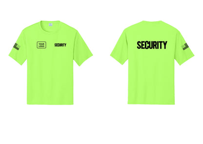 NYC Factory Men's Custom Logo Security Performance T-Shirt - SECURITY + Your Logo + Back + US Flag Sleeve - Neon Green