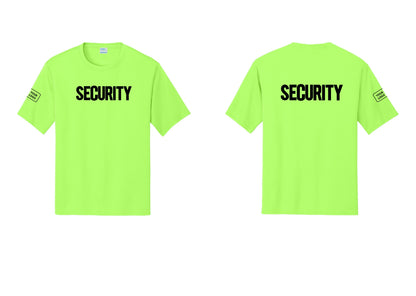 NYC Factory Men's Custom Logo Security Performance T-Shirt - Front + Back + Your Logo Sleeve - Neon Green