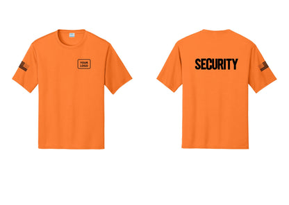 NYC Factory Men's Custom Logo Security Performance T-Shirt - Your Logo + Back + US Flag Sleeve - Neon Orange