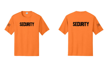 NYC Factory Men's Custom Logo Security Performance T-Shirt - Front + Back + Your Logo Sleeve - Neon Orange
