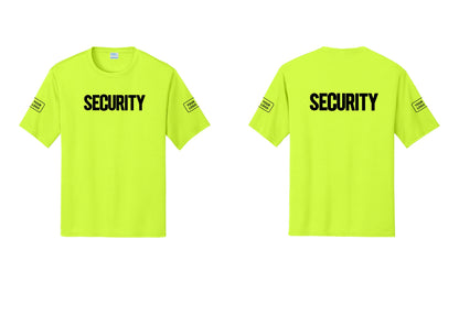 NYC Factory Men's Custom Logo Security Performance T-Shirt - Front + Back + Your Logo Sleeves - Neon Yellow