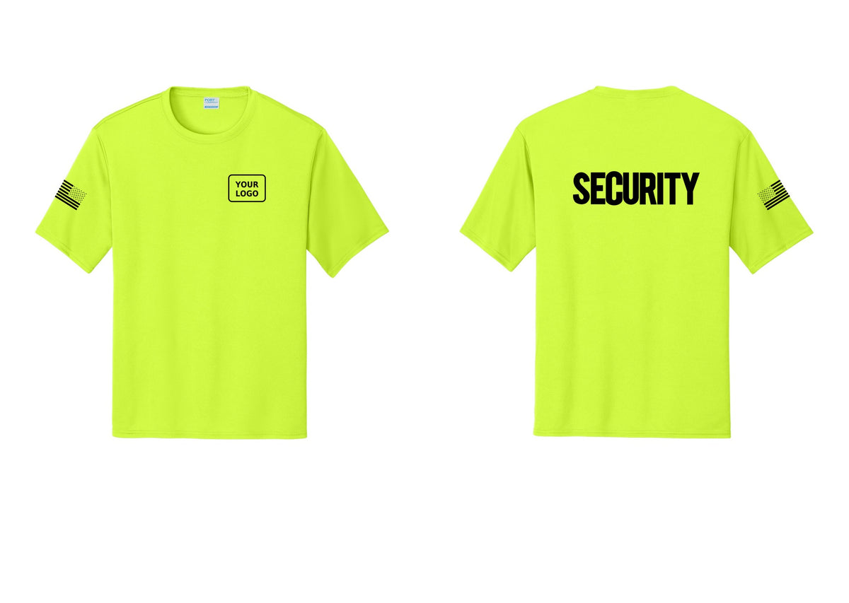 NYC Factory Men's Custom Logo Security Performance T-Shirt - Your Logo + Back + US Flag Sleeve - Neon Yellow