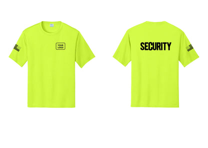 NYC Factory Men's Custom Logo Security Performance T-Shirt - Your Logo + Back + US Flag Sleeve - Neon Yellow