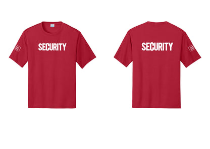 NYC Factory Men's Custom Logo Security Performance T-Shirt - Front + Back + Your Logo Sleeve - Red