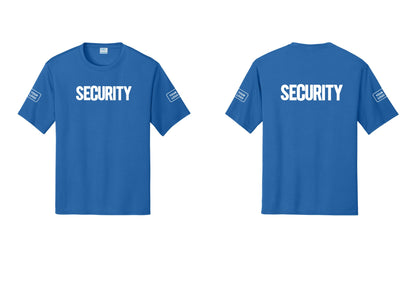 NYC Factory Men's Custom Logo Security Performance T-Shirt - Front + Back + Your Logo Sleeves - Royal