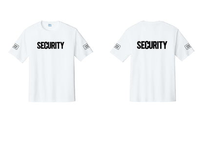 NYC Factory Men's Custom Logo Security Performance T-Shirt - Front + Back + Your Logo Sleeves - White