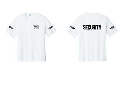 NYC Factory Men's Custom Logo Security Performance T-Shirt - Your Logo + Back + Security Sleeves - White