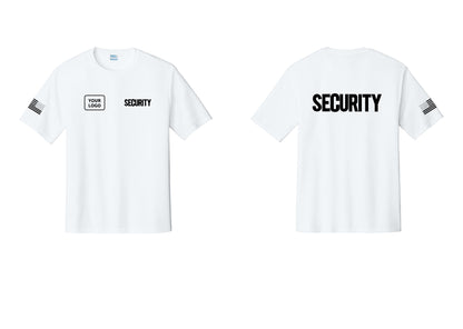 NYC Factory Men's Custom Logo Security Performance T-Shirt - SECURITY + Your Logo + Back + US Flag Sleeve - White