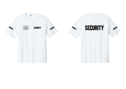 NYC Factory Men's Custom Logo Security Performance T-Shirt - SECURITY + Your Logo + Back + Security Sleeves - White