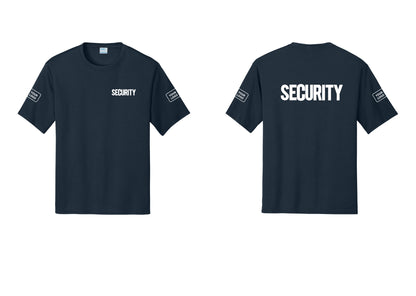 NYC Factory Men's Custom Logo Security Performance T-Shirt - Chest + Back + Your Logo Sleeves - Navy
