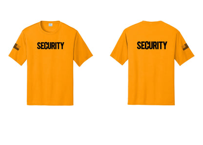 NYC Factory Men's Security Performance T-Shirt - Front + Back + US Flag Sleeve - Gold