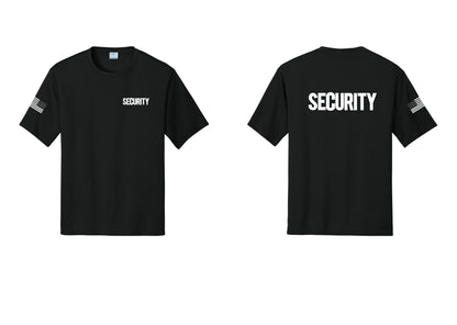 NYC Factory Men's Security Performance T-Shirt - Chest + Back + US Flag Sleeve - Black
