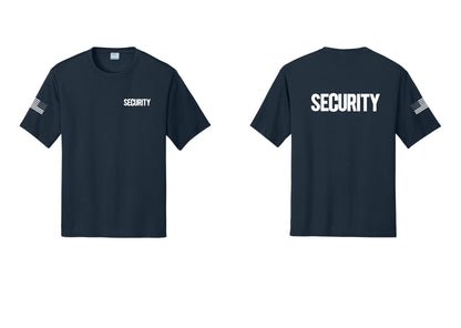 NYC Factory Men's Security Performance T-Shirt - Chest + Back + US Flag Sleeve - Navy