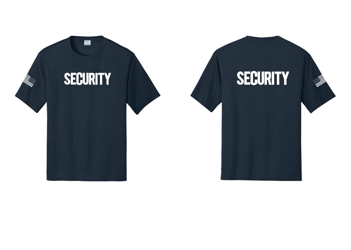 NYC Factory Men's Security Performance T-Shirt - Front + Back + US Flag Sleeve - Navy