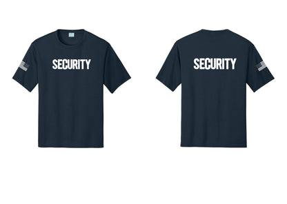 NYC Factory Men's Security Performance T-Shirt - Front + Back + US Flag Sleeve - Navy