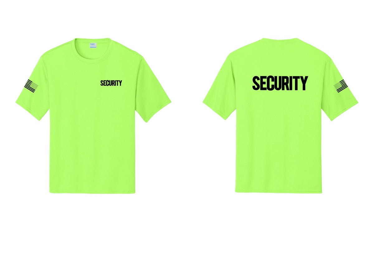 NYC Factory Men's Security Performance T-Shirt - Chest + Back + US Flag Sleeve - Neon Green
