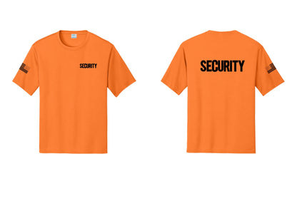 NYC Factory Men's Security Performance T-Shirt - Chest + Back + US Flag Sleeve - Neon Orange
