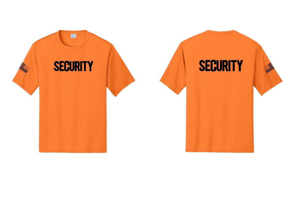 NYC Factory Men's Security Performance T-Shirt - Front + Back + US Flag Sleeve - Neon Orange