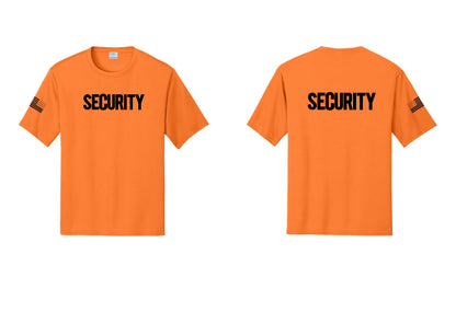NYC Factory Men's Security Performance T-Shirt - Front + Back + US Flag Sleeve - Neon Orange