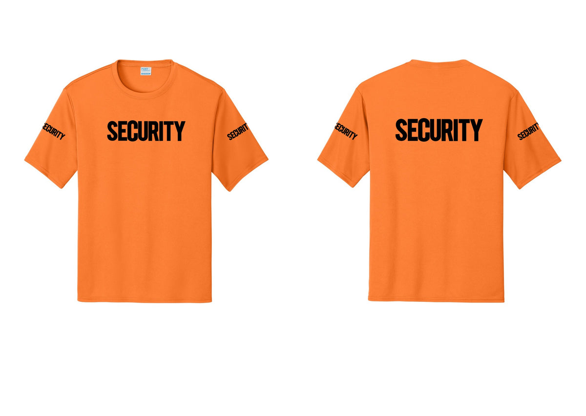 NYC Factory Men's Security Performance T-Shirt - Front + Back + Security Sleeves - Neon Orange