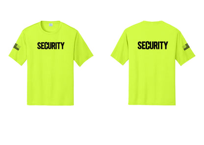 NYC Factory Men's Security Performance T-Shirt - Front + Back + US Flag Sleeve - Neon Yellow