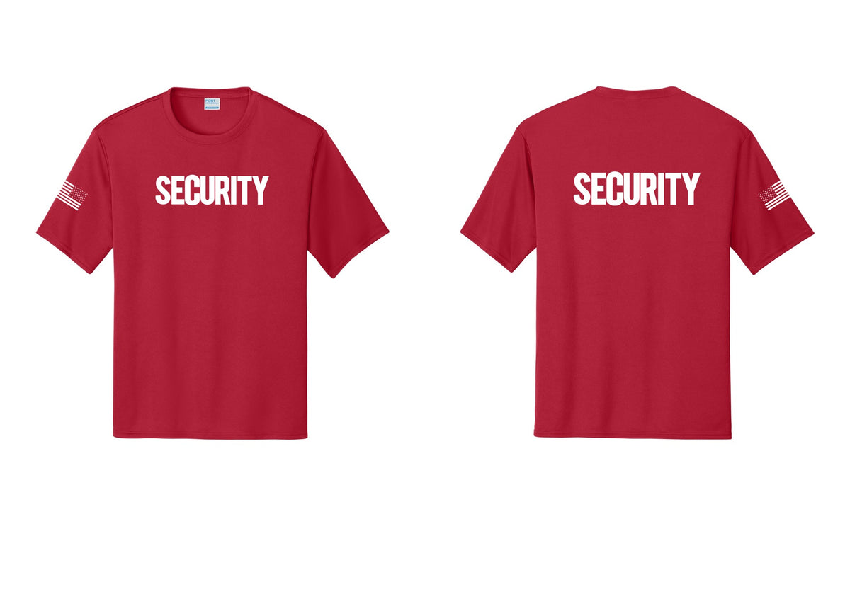NYC Factory Men's Security Performance T-Shirt - Front + Back + US Flag Sleeve - Red