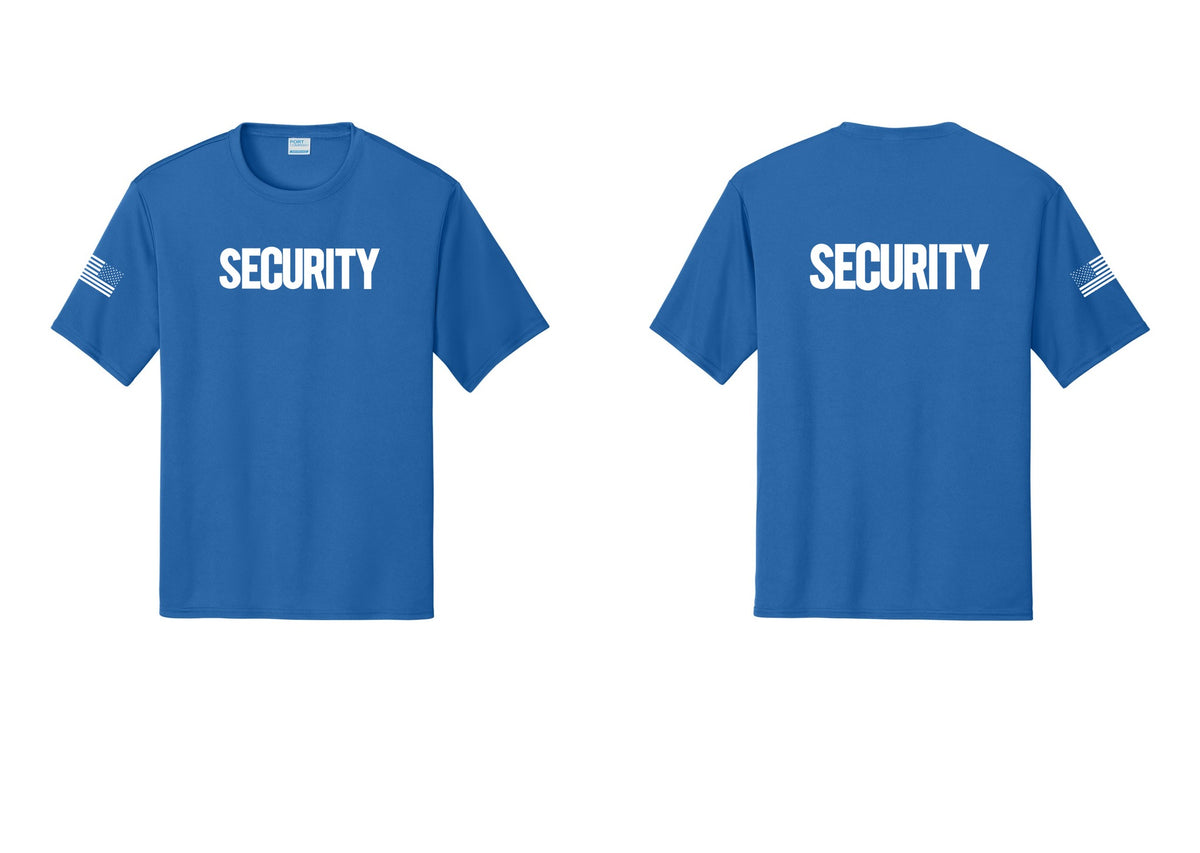 NYC Factory Men's Security Performance T-Shirt - Front + Back + US Flag Sleeve - Royal