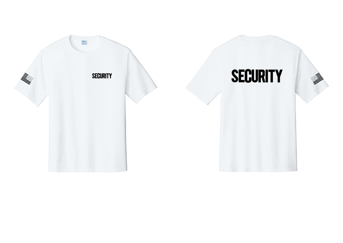 NYC Factory Men's Security Performance T-Shirt - Chest + Back + US Flag Sleeve - White