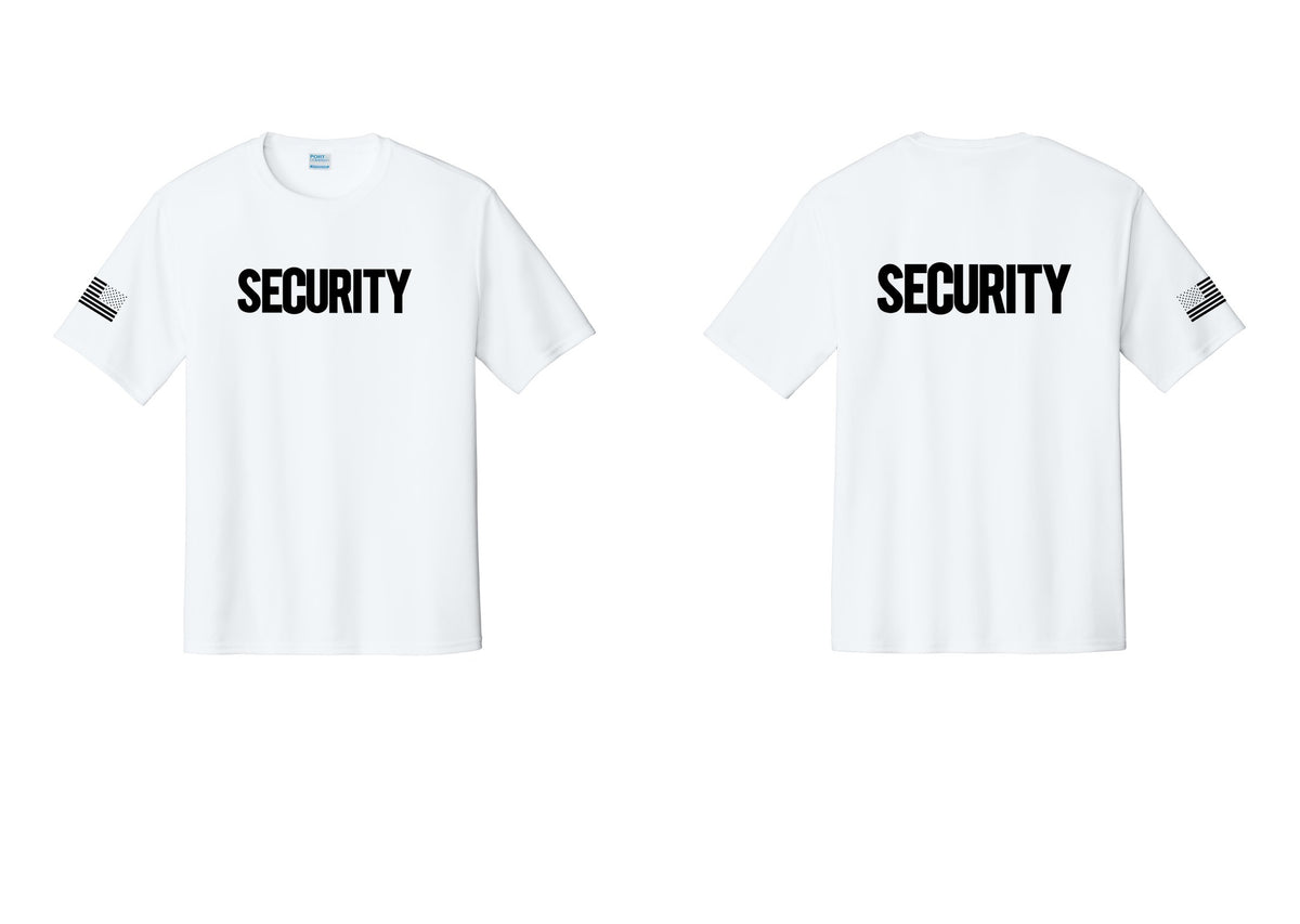NYC Factory Men's Security Performance T-Shirt - Front + Back + US Flag Sleeve - White
