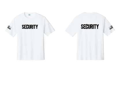 NYC Factory Men's Security Performance T-Shirt - Front + Back + US Flag Sleeve - White