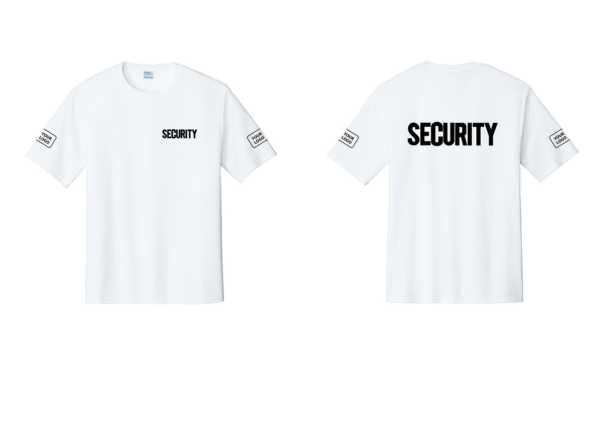 NYC Factory Men's Custom Logo Security Performance T-Shirt - Chest + Back + Your Logo Sleeves - White