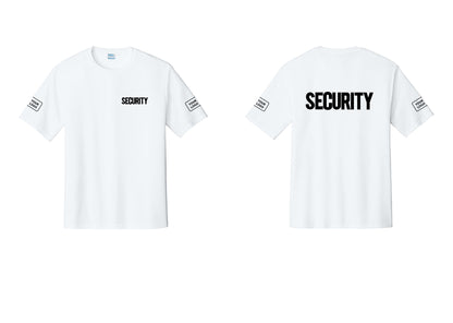 NYC Factory Men's Custom Logo Security Performance T-Shirt - Chest + Back + Your Logo Sleeves - White