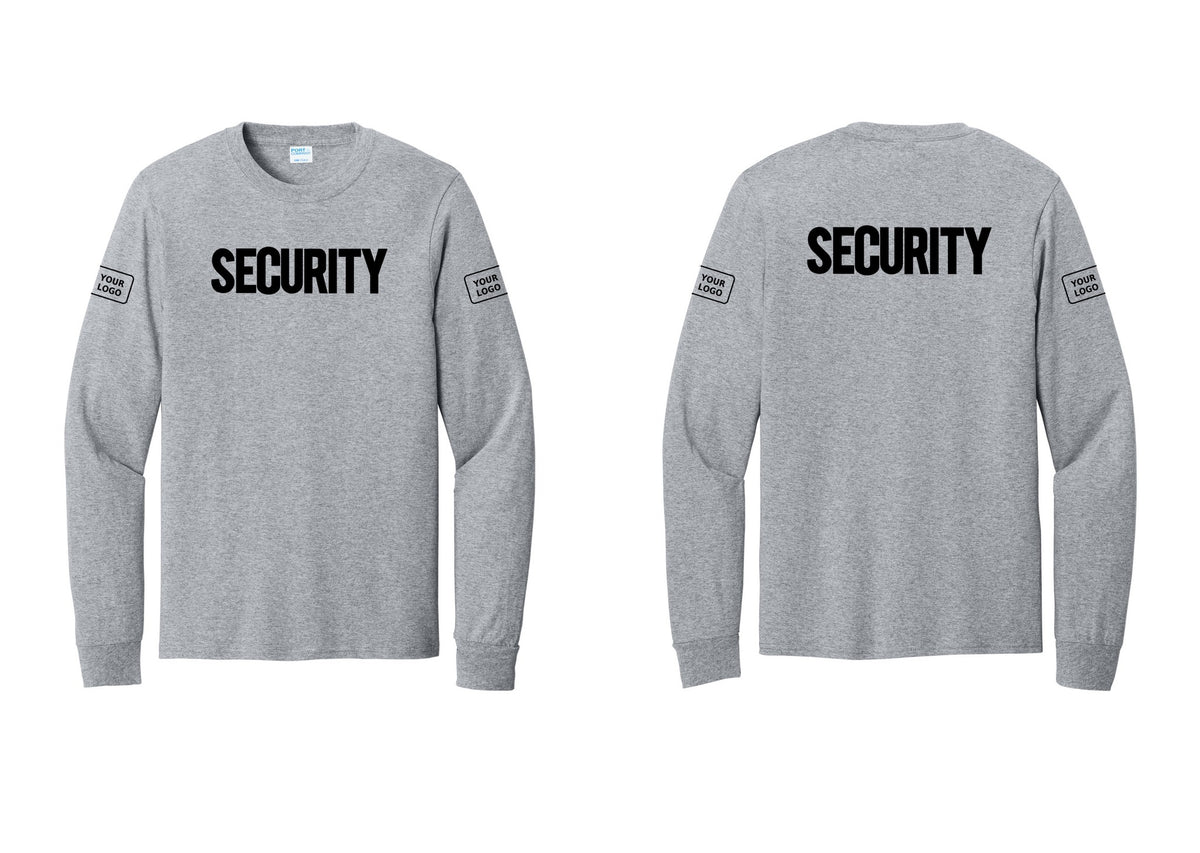 NYC Factory Men's Custom Logo Security Cotton Long Sleeve T-Shirt - Front + Back + Your Logo Sleeves - Athletic Heather