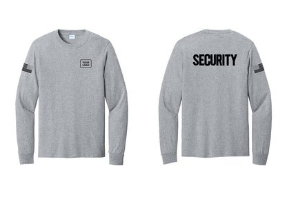 NYC Factory Men's Custom Logo Security Cotton Long Sleeve T-Shirt - Your Logo + Back + US Flag Sleeve - Athletic Heather