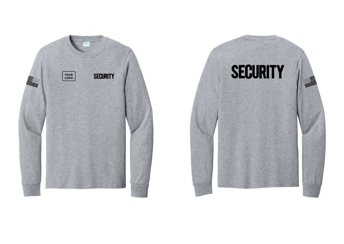 NYC Factory Men's Custom Logo Security Cotton Long Sleeve T-Shirt - SECURITY + Your Logo + Back + US Flag Sleeve - Athletic Heather